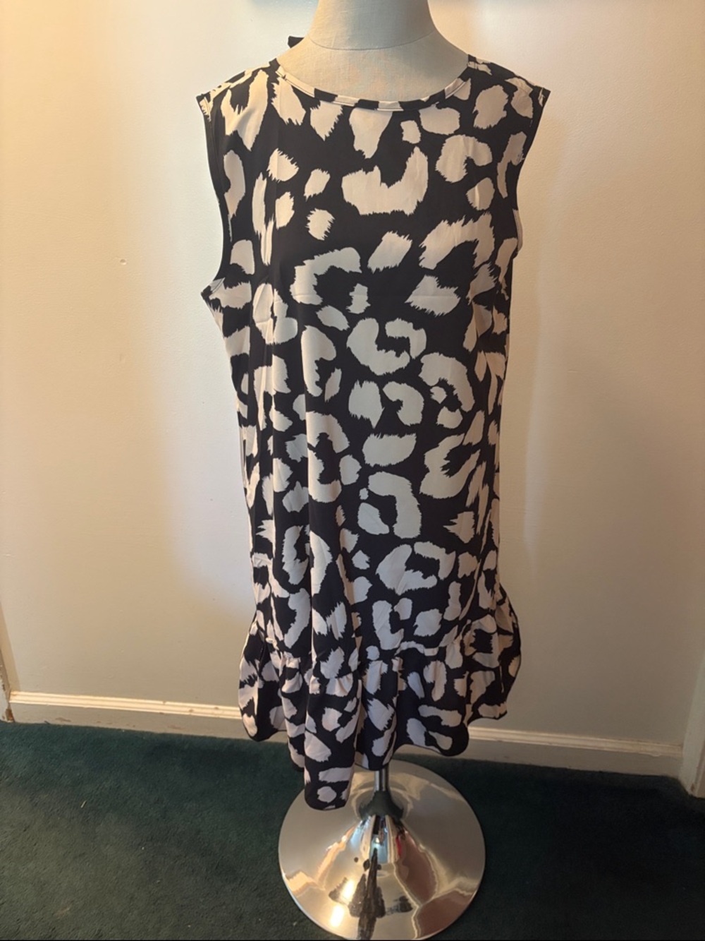 Sleeveless Black and Cream Animal Print Ruffle Hem Dress